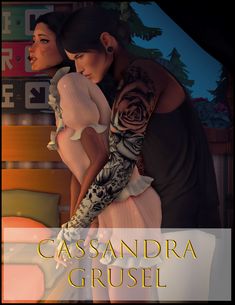 an image of a woman holding a man in front of a sign that says casssandraa grusel