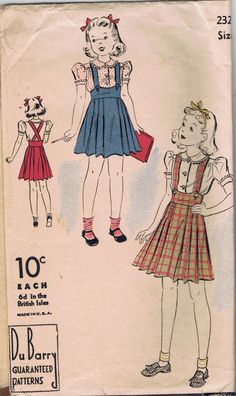 "1939 Du Barry paper pattern #2321B for a Girls size 12 Blouse and pleated Suspender Skirt. The blouse of this young outfit buttons at the front; with Peter Pan collar and the cuffs at the short sleeves are daintily frilled. Skirt is pleated and suspenders button on a wide belt at front & cross in the back. Size 12 Breast: 30\" Waist: 20\" Skirt Length: 22.25\" Cut pattern but complete in excellent condition. Sale supports Vermont's PuppeTree. Thank you & please check our Etsy Support Store." Girls Sailor Dress, Young Outfit, Frilled Skirt, Vintage Childrens Clothing, Childrens Sewing Patterns, Peter Pan Collar Blouse, Romper Pattern, Vogue Sewing, Sailor Dress