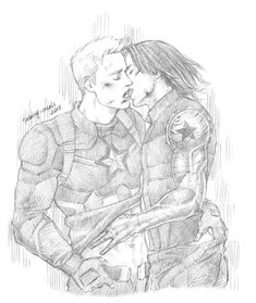 a pencil drawing of two people kissing each other with the caption, captain america