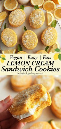 lemon cream sandwich cookies on a plate with lemons in the background and text overlay that reads vegan easy fun lemon cream sandwich cookies