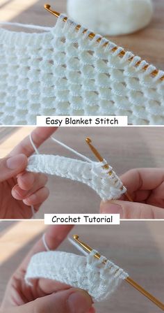 two pictures showing how to crochet an easy blanket with the help of knitting needles