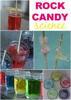 rock candy science for kids with pictures of rocks in jars, spoons and sticks