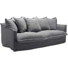 a gray couch with five pillows on it's back and one arm folded up