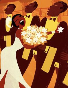 an illustration of a bride and groom with flowers in their hands, surrounded by other people