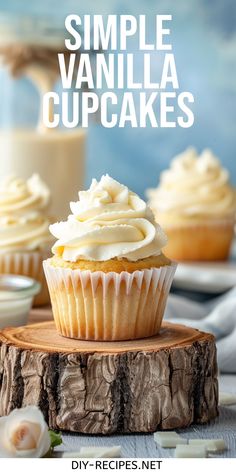 vanilla cupcakes with white frosting on top