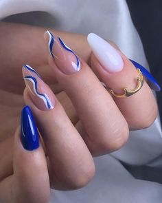 Blue And White Nail Art Designs, Royal Blue Nails With White Design, Blue And White Nails Summer, White And Blue Nails With Designs, White And Blue Almond Nails, Royal Blue Almond Nails Design, Blue White Nails Design, Royal Blue Summer Nails, White And Royal Blue Nails