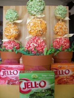 some candies are in flower pots with gummy bears on the top one is green and yellow