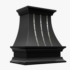 a black stove hood with metal trims on it's sides and an exhaust vent