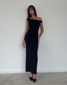 Black Forest Thick Rib Bardot Maxi Dress | Racha – motelrocks-com-us Tight Black Dress Maxi, Elegant Dresses Black Long, Long Black Dress Vintage, Long Black Graduation Dress, Backless Black Maxi Dress, Work Events Outfits, Black Maxi Dress Aesthetic, Versatile Black Dress, Black Off Shoulder Dress Outfit