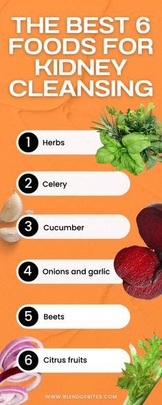 the best 6 foods for kidney cleaning info graphic on an orange background with vegetables and herbs