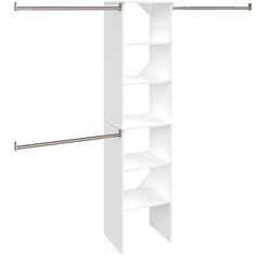 an empty white closet with hanging rails and shelves on the wall, isolated against a white background