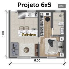 the floor plan for a small apartment with an attached bedroom and living room, as well as