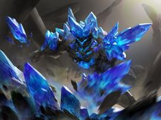 an animated image of a blue creature surrounded by ice crystals and other crystal shapes in the background