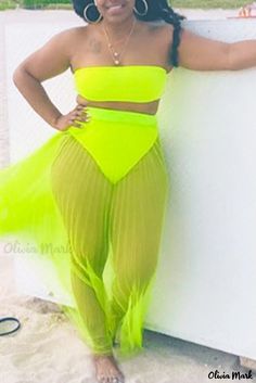 Olivia Mark - Fluorescent Green Solid Patchwork Two-Piece Set with Strapless and Backless Design for Plus Size Women Summer Green Mesh Bottoms, Green Mesh Bottoms For Summer, Neon Bottoms For Summer Party, Green Strapless Party Swimwear, Green Strapless Swimwear For Party, Green Swimwear For Club, Spring Season, White Plus Size Dresses, Bandeau Crop Top, Yellow Tees