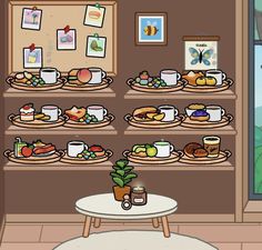 a room filled with lots of plates and food on top of wooden shelves next to a window