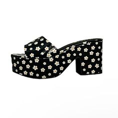 Wild Pair MELBORNEP Platform Sandals Black Daisy Women's Shoes -New with Box -Brand: Wild Pair -Color: Black Daisy -Size: 10M -Material: Synthetic -Heel Height: 4 Inch -Platform Height: 2 Inch -Memory Foam Insole for Added Comfort -Slip-Resistant Sole -Round-Toe -Made in China Black Casual Eva Platform Slippers, Black Synthetic Heels For Summer, Black Casual Platform Slippers, Trendy Black Summer Heels, Retro Black Platform Heels, Black Platform Slippers With Round Toe For Vacation, Black Platform Sandals For Spring, Black Platform Slippers For Summer, Trendy Black Platform Slippers With Open Heel