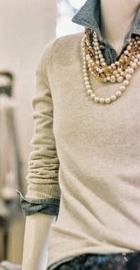 Denim shirt layered w/ a sweater and pearls. So cute! Denim And Pearls, Sundress Outfit, Cute Spring Outfits, Statement Necklaces, Fashion Week Street Style, 가을 패션, Dress Ideas