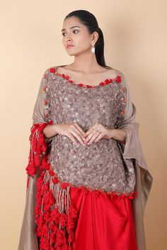 Grey top with sequins embroidery. Comes with a red skirt. - Aza Fashions Red Floral Embroidered Sharara For Party, Red Sequined Sharara For Parties, Red Party Tops With Mirror Work, Red Party Top With Mirror Work, Anamika Khanna, Scoop Neck Top, Sequins Embroidery, Red Skirts, Grey Top