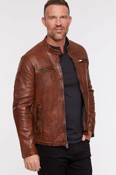 Rugged in looks and sublime in feel, the Ace leather jacket offers equal parts style and durability. With a soft, smooth hand and long-lasting quality, its lambskin leather with natural shading effects feels incredible to wear and is handsome to boot, whether you're gearing up for a ride or enjoying the nightlife with friends. Racer-inspired design includes four front zip pockets and a snap tab at the collar, while inside, you'll find quilted lining for all-day comfort and three more pockets for Soft Leather Long Sleeve Jacket For Fall, Fall Soft Leather Long Sleeve Jacket, Fall Long Sleeve Soft Leather Jacket, Moto Leather Jacket With Long Sleeves, Classic Leather-lined Biker Jacket For Fall, Classic Fall Biker Jacket With Leather Lining, Fall Biker Jacket With Leather Lining And Long Sleeves, Long Sleeve Leather-lined Biker Jacket For Fall, Leather Lined Long Sleeve Biker Jacket For Fall