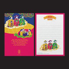 two greeting cards with an image of people on the front and back of each card