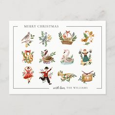 a christmas card with an illustration of people and animals in holiday outfits, including birds