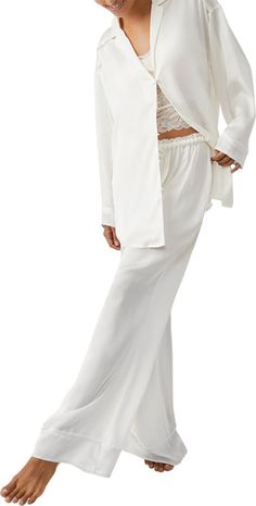 Free People Dreamy Days Pajamas | Nordstrom Flowy Pajamas, White Rehearsal Dress, Flared Bottoms, Rest Well, Satin Pajama Set, Perfect White Tee, Linen Bottoms, Satin Pajama, Silk Bottoms