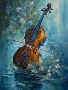 an oil painting of a violin in the water with flowers on it's side