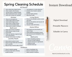 a printable spring cleaning schedule is shown with a pen on top of the checklist