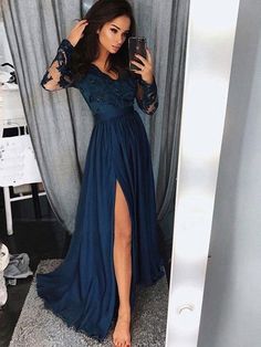 A-Line/Princess V-neck Long Sleeves Sweep/Brush Train Applique Ruched Satin Chiffon Dresses - Prom Dresses Royal Blue Formal Dresses, Blue Graduation Dresses, Winter Formal Dress, Split Prom Dresses, Robes D'occasion, Winter Formal Dresses, Evening Dresses With Sleeves, Blue Dress Formal, Long Sleeve Prom