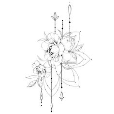 a black and white drawing of flowers with arrows