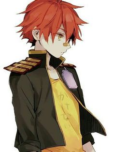 an anime character with red hair wearing a black jacket