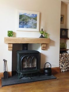 a wood burning stove in a living room