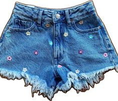 High-waist Blue Jeans With Floral Embroidery, High Waist Blue Jeans With Floral Embroidery, Light Wash Jeans For Summer Festival, Summer Festival Light Wash Jeans, Blue Cotton Jean Shorts With Floral Embroidery, Embroidered Denim Jean Shorts In Blue, Blue Embroidered Short Length Jeans, Casual Cutoff Jeans With Floral Embroidery, Blue Cutoff Jean Shorts With Floral Embroidery