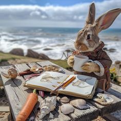 a rabbit sitting at a table with some books and other items on top of it