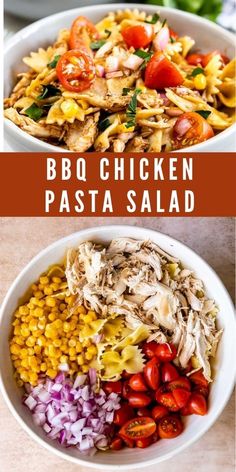 chicken pasta salad in a bowl with tomatoes and corn