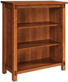 a wooden bookcase with two shelves on one side and an open shelf on the other