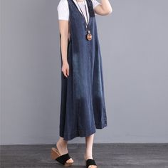 SKU CY-!126343 Material Denim Style Sleeveless, Loose Feature Solid Color Neckline V neck Occasion Vintage, Casual Seasons Spring, Autumn Type Jumpsuit Color Black, Blue Size L, XL, 2XL Size Chart: Please consult the size chart we provide for this item's measurements to help you decide which size to buy. Please note: There may be 1-3cm differ due to manual measurement. CM Bust Length L 110 117 XL 114 118 2XL 118 119 Casual Blue Sleeveless Dress With Pockets, Casual Dark Wash Sleeveless Denim Vest, Blue V-neck Denim Vest Casual, Casual Cotton Sleeveless Dress, Non-stretch Sleeveless Cotton Denim Dress, Sleeveless Non-stretch Medium Wash Denim Dress, Casual Sleeveless Denim Blue Vest, Casual Blue Sleeveless Dress, Non-stretch Sleeveless Denim Jumpsuit For Summer