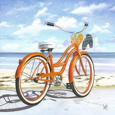 an orange bicycle is parked on the beach