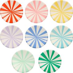 six different colored striped paper plates on a white background