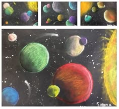 four different pictures of the planets in chalk pastel and colored crayon pencils