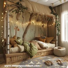 a bed room with a tree and lights on the wall