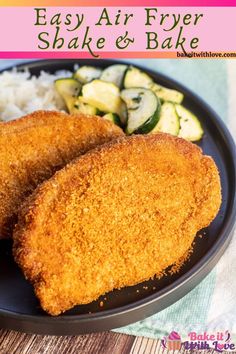 two fried fish fillets on a plate with rice and zucchini