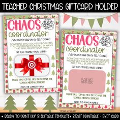 teacher christmas gift card holder with red ribbon and bow on the front, and an image of