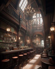 an old fashioned bar with wooden tables and stools