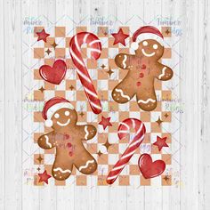 gingerbreads and candy canes on a checkerboard background