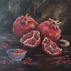 a painting of pomegranates and a glass bowl on a dark surface