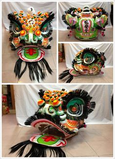 several photographs of masks with different colors and designs on them, including one in the shape of a dragon