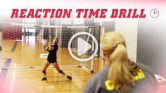 two girls playing volleyball in a gym with the words reaction time drill written on it