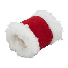 a red and white knitted hat with pom - poms