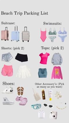 the beach trip packing list includes clothing, shoes and accessories